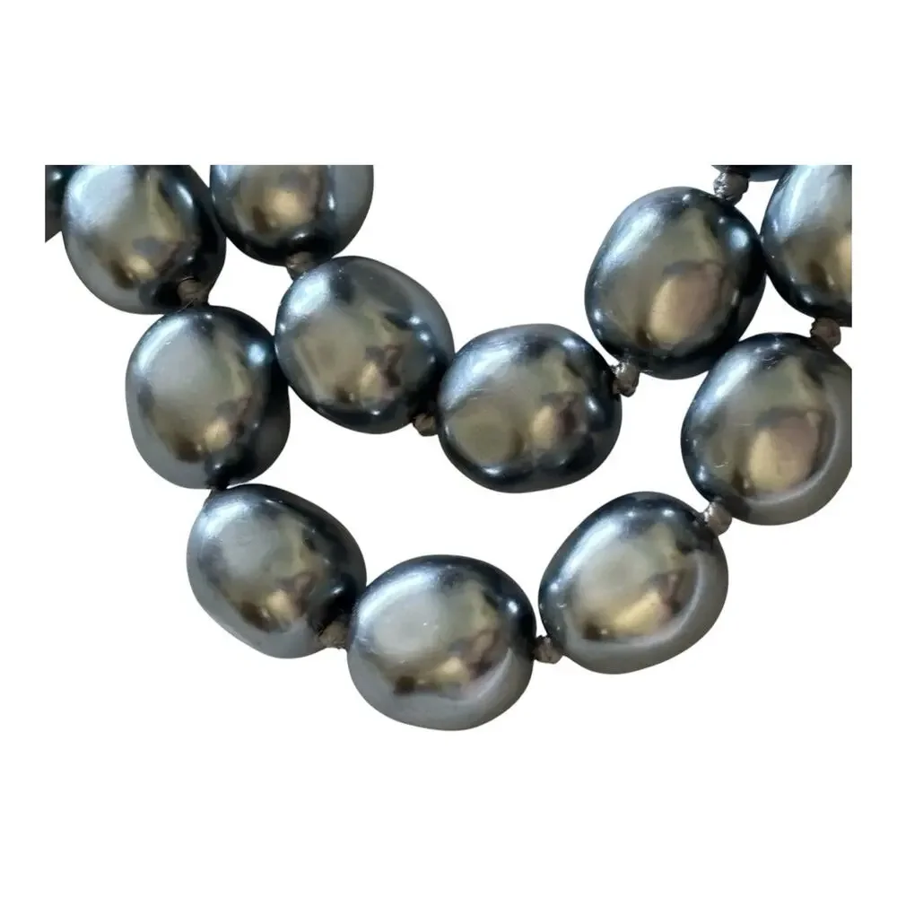 Silver Gray Faux Pearl Knotted Beaded Statement Necklace 39” Vintage